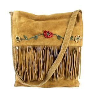 Shelley Wenum TAN BROWN GENUINE SUEDE FLORAL FLAP SHOULDER BAG HANDBAG PURSE